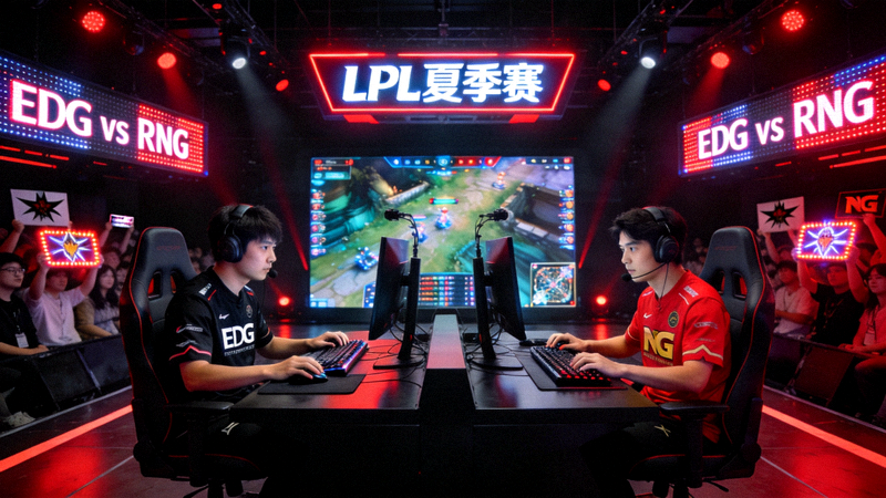 LPL夏季赛EDG与RNG战队对决的电竞赛场画面，选手激烈操作场景